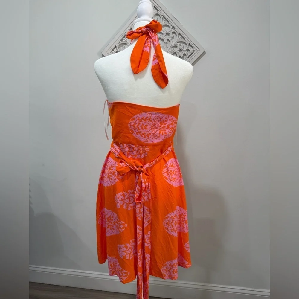 Aakaa Orange Pink Halter Wrap Dress Size L Printed Tropical Summer Boho Mini